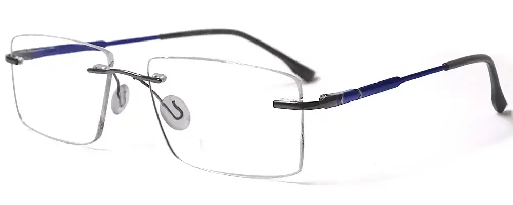 Blue rectangular frameless glasses