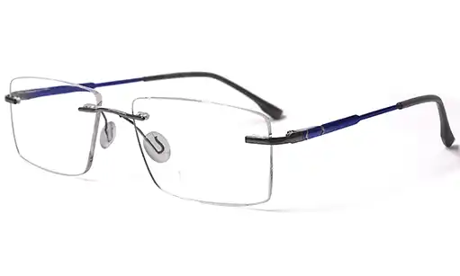 Blue rectangular frameless glasses